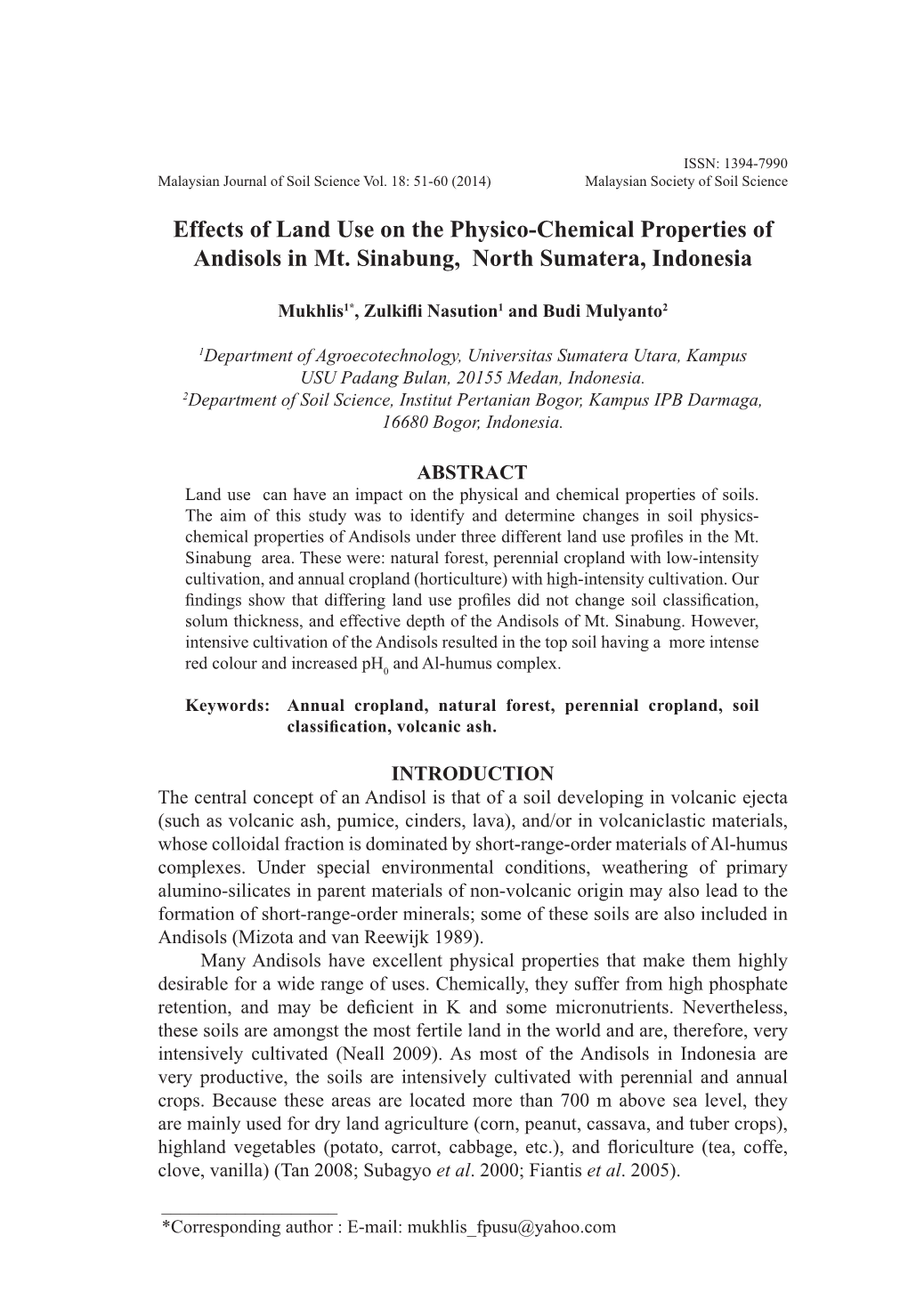 Effects of Land Use on the Physico-Chemical Properties of Andisols in Mt. Sinabung, North Sumatera, Indonesia