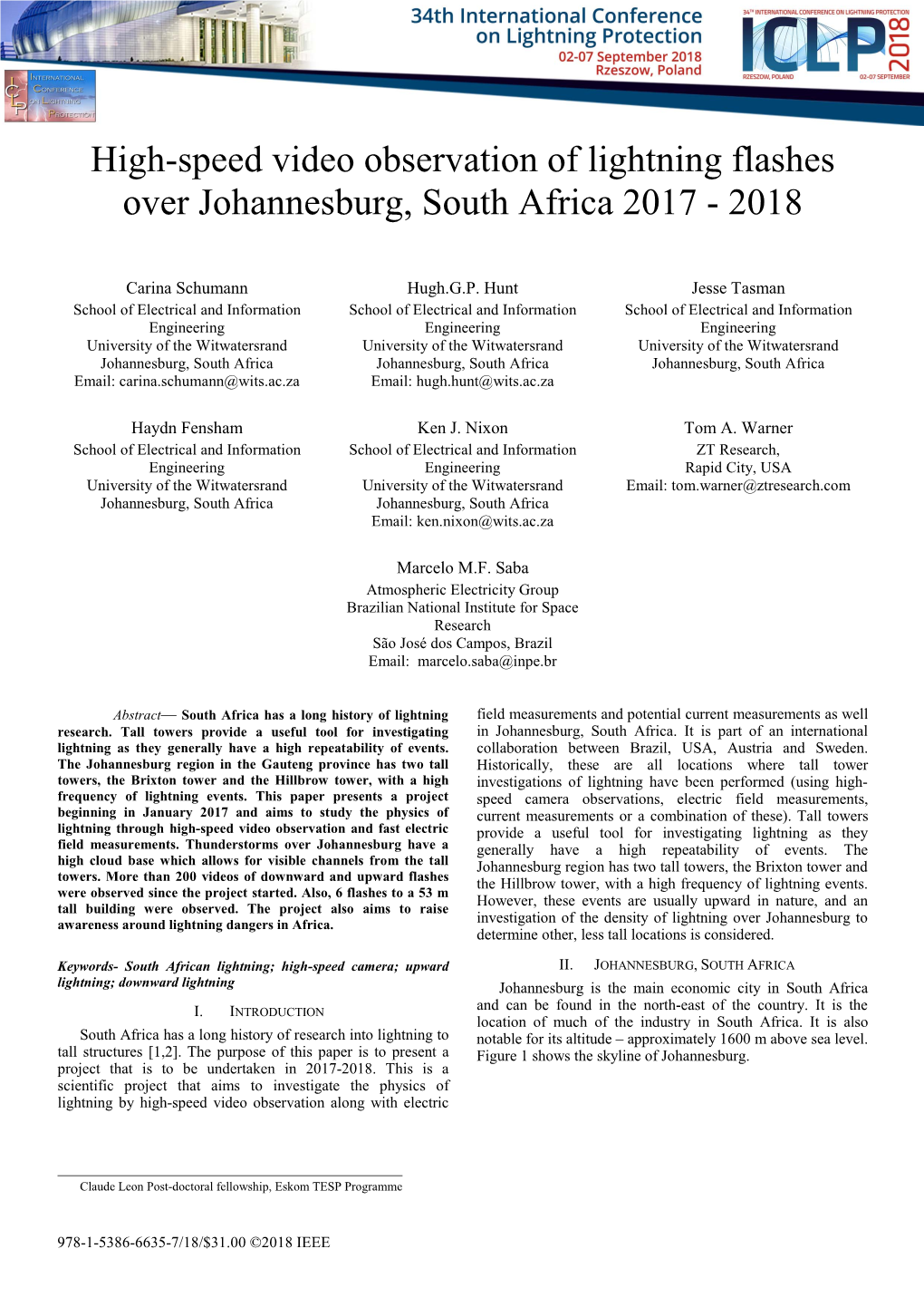 High-Speed Video Observation of Lightning Flashes Over Johannesburg, South Africa 2017 - 2018