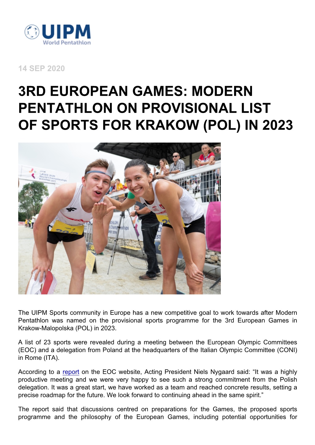 3Rd European Games: Modern Pentathlon on Provisional List of Sports for Krakow (Pol) in 2023