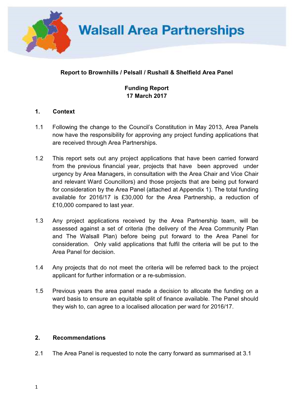 Report to Brownhills / Pelsall / Rushall & Shelfield Area Panel Funding