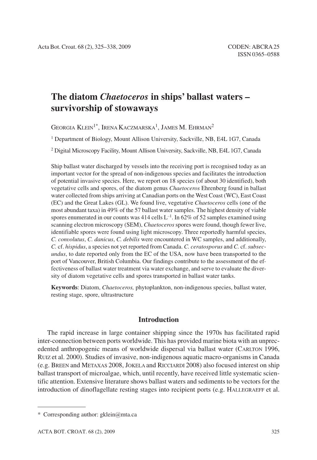 The Diatom Chaetoceros in Ships' Ballast Waters