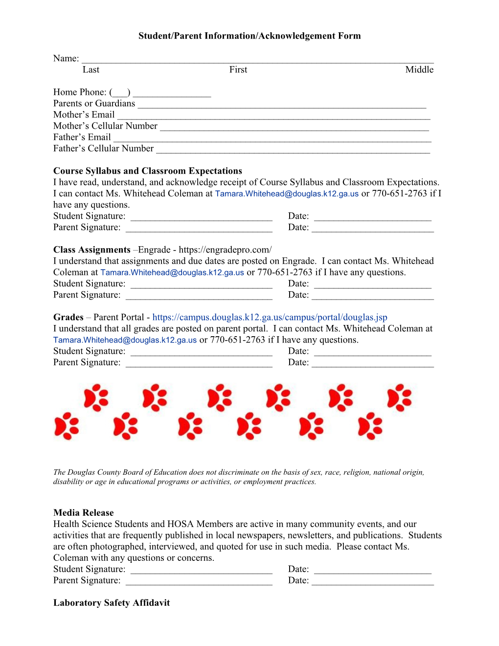 Student/Parent Information/Acknowledgement Form