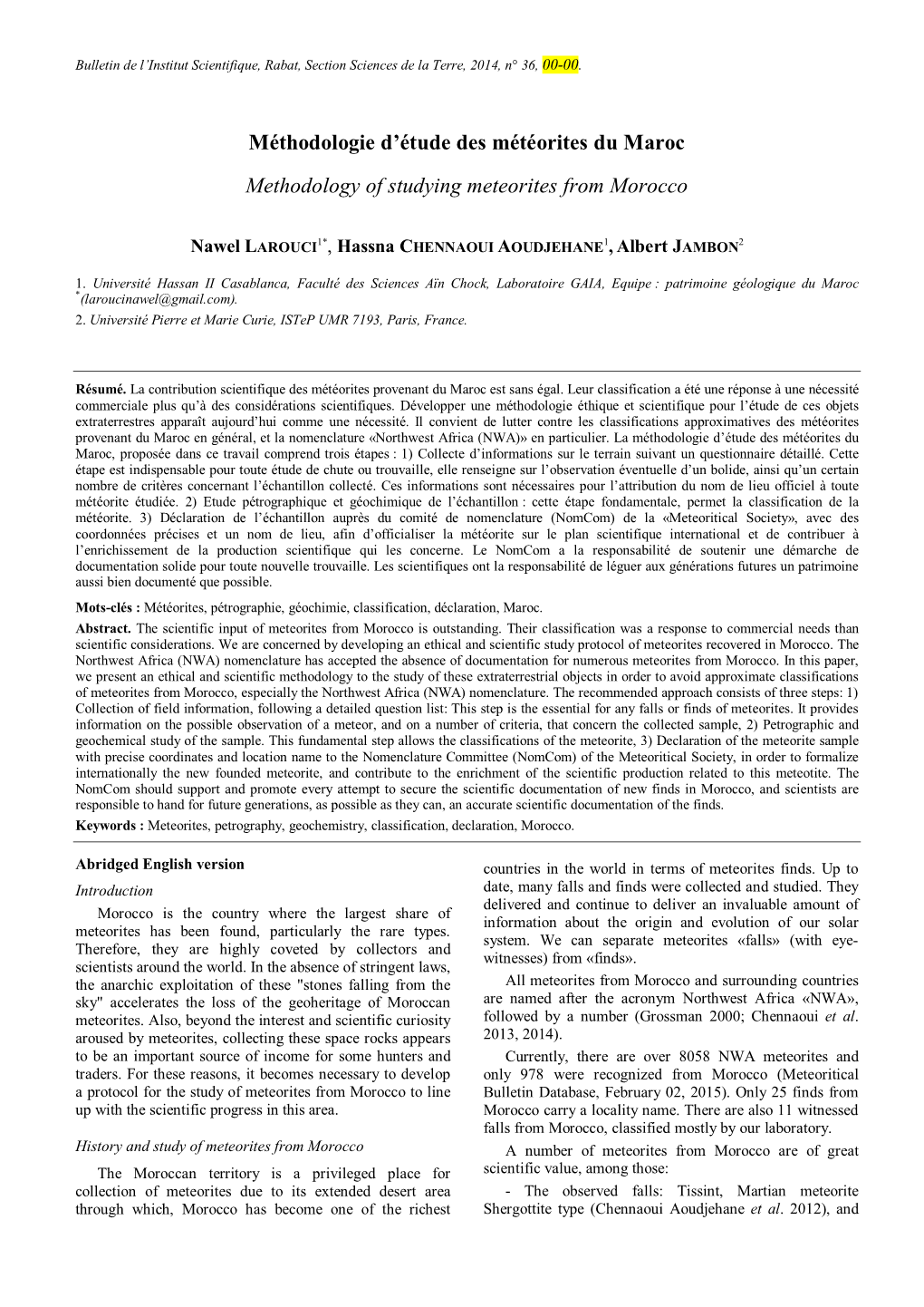 Méthodologie D'étude Des Météorites Du Maroc Methodology of Studying