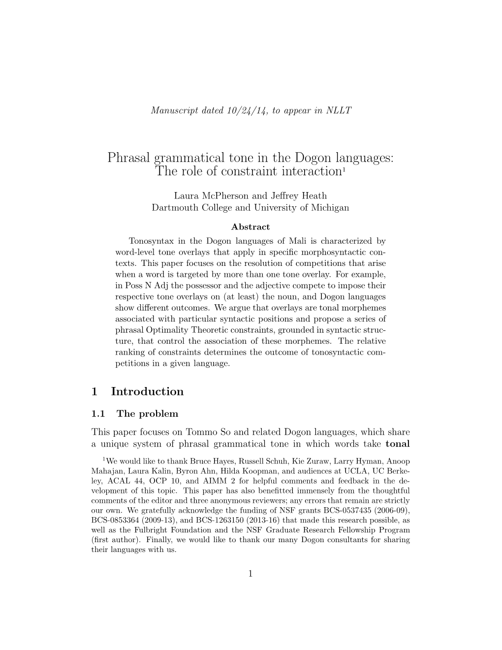 Phrasal Grammatical Tone in the Dogon Languages: the Role of Constraint Interaction1