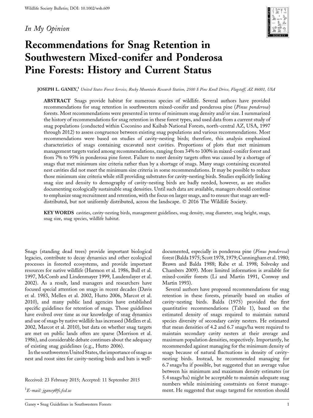 Recommendations for Snag Retention in Southwestern Mixed-Conifer and Ponderosa Pine Forests: History and Current Status