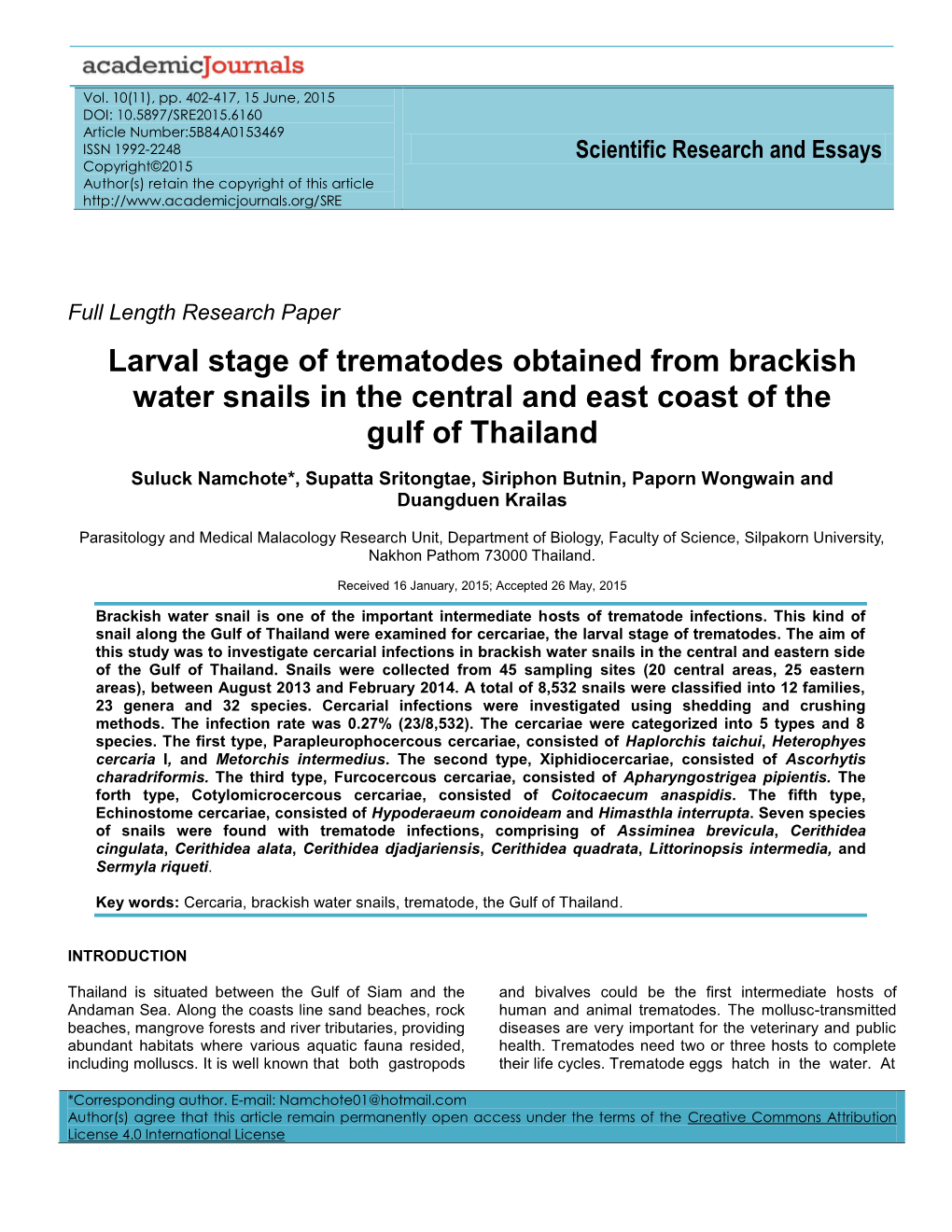 Larval Stage of Trematodes Obtained from Brackish Water Snails in the Central and East Coast of the Gulf of Thailand