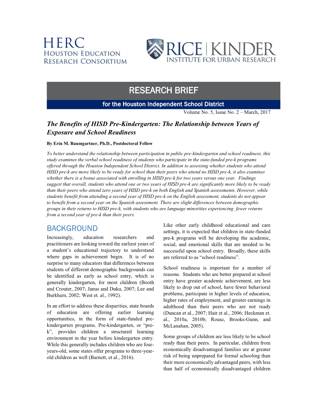 RESEARCH BRIEF for the Houston Independent School District Volume No