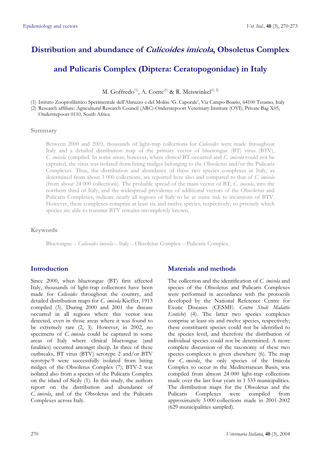 Distribution and Abundance of Culicoides Imicola, Obsoletus Complex