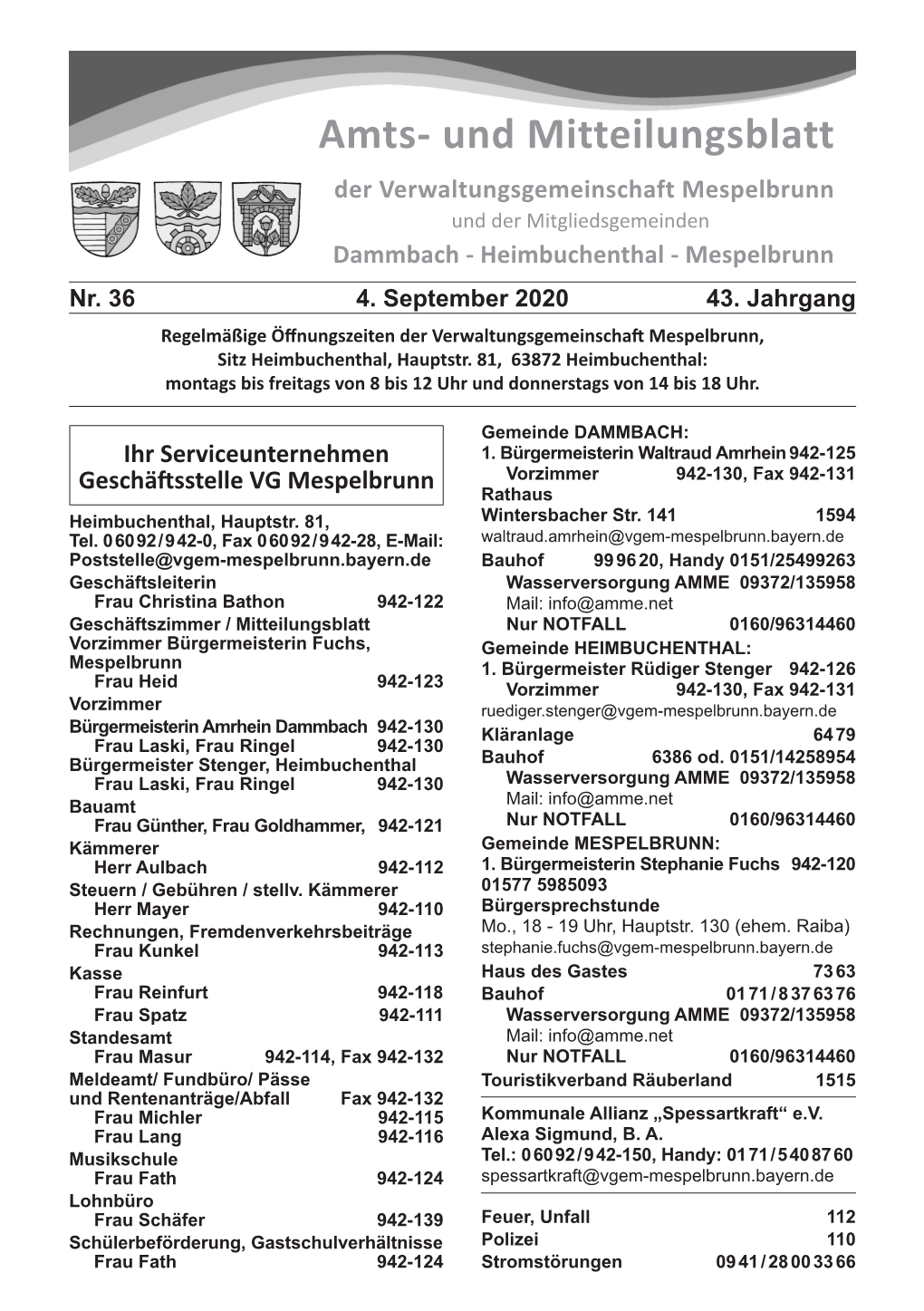 Und Mitteilungsblatt Der Verwaltungsgemeinschaft Mespelbrunn Und Der Mitgliedsgemeinden Dammbach - Heimbuchenthal - Mespelbrunn Nr