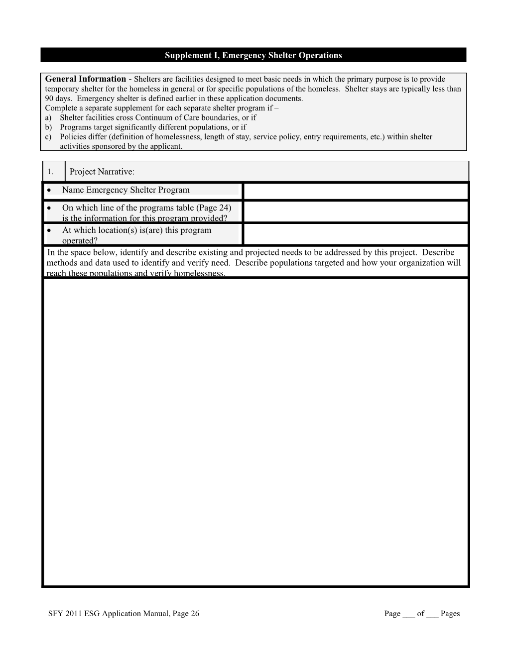 Supplement I, Emergency Shelter Operations