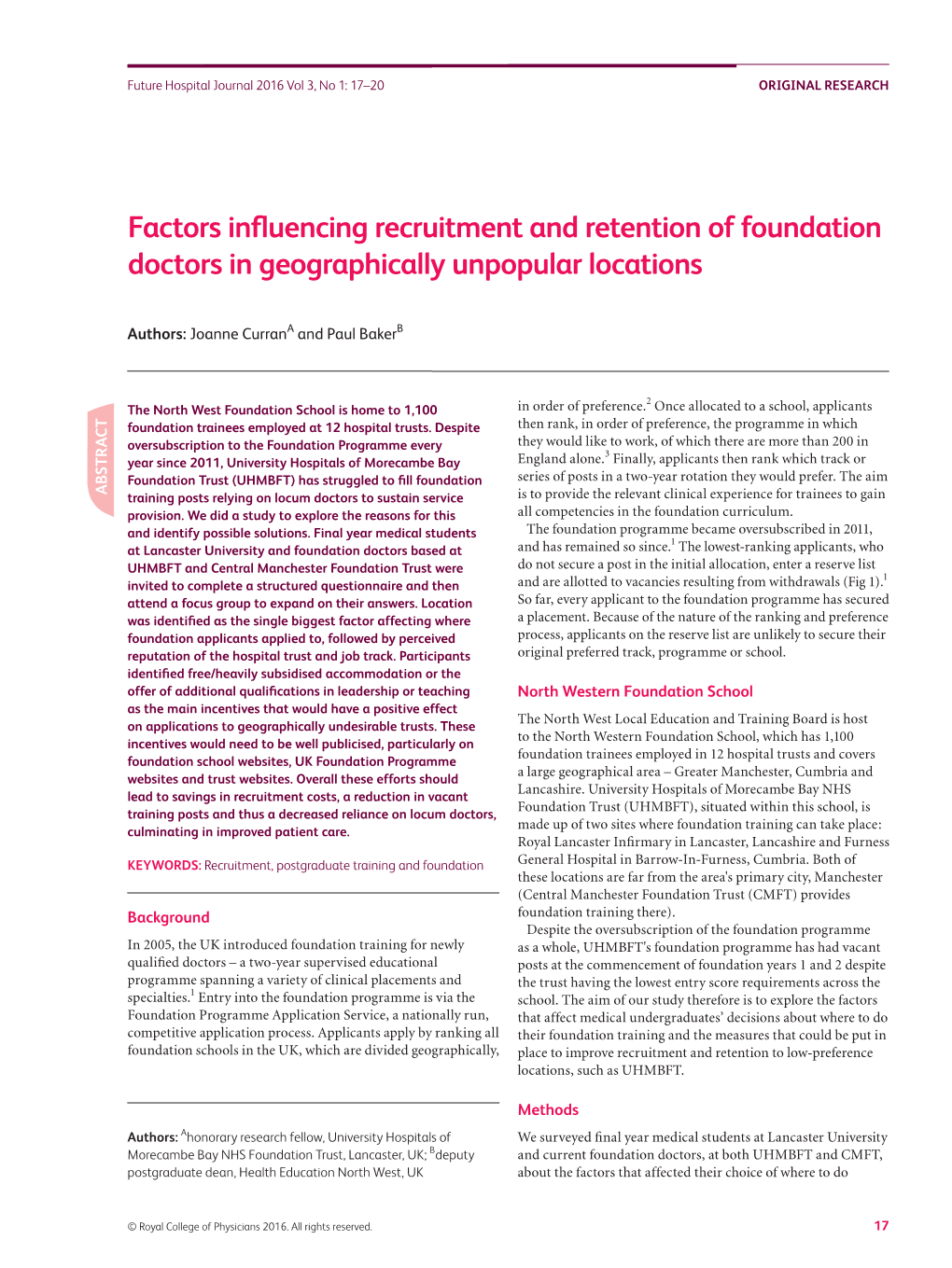 Factors Influencing Recruitment and Retention of Foundation Doctors In