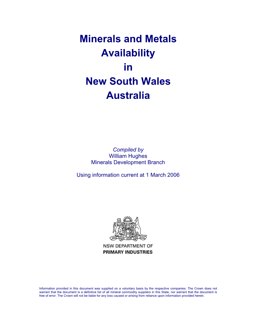Minerals and Metals Availability in New South Wales Australia