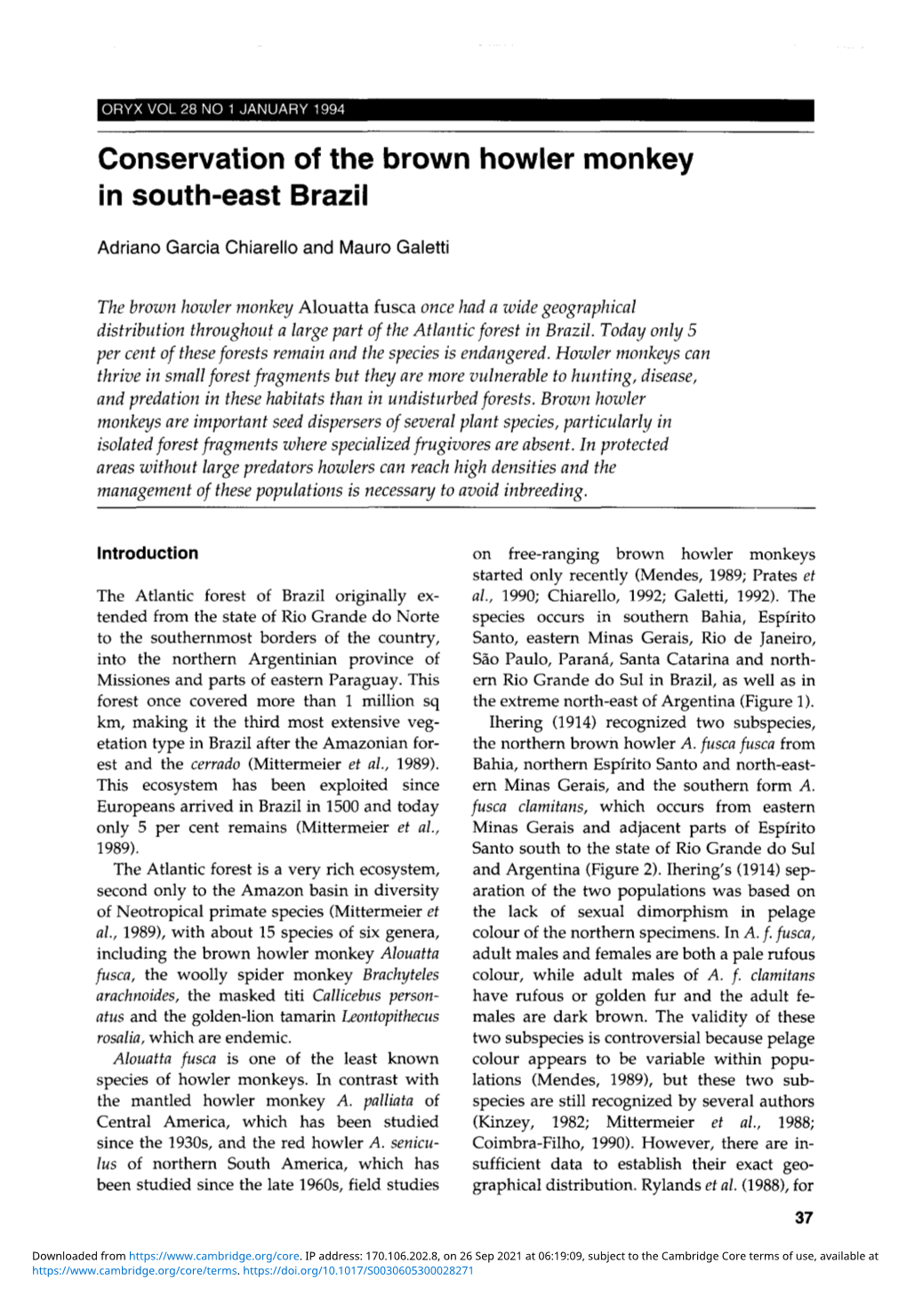 Conservation of the Brown Howler Monkey in South-East Brazil