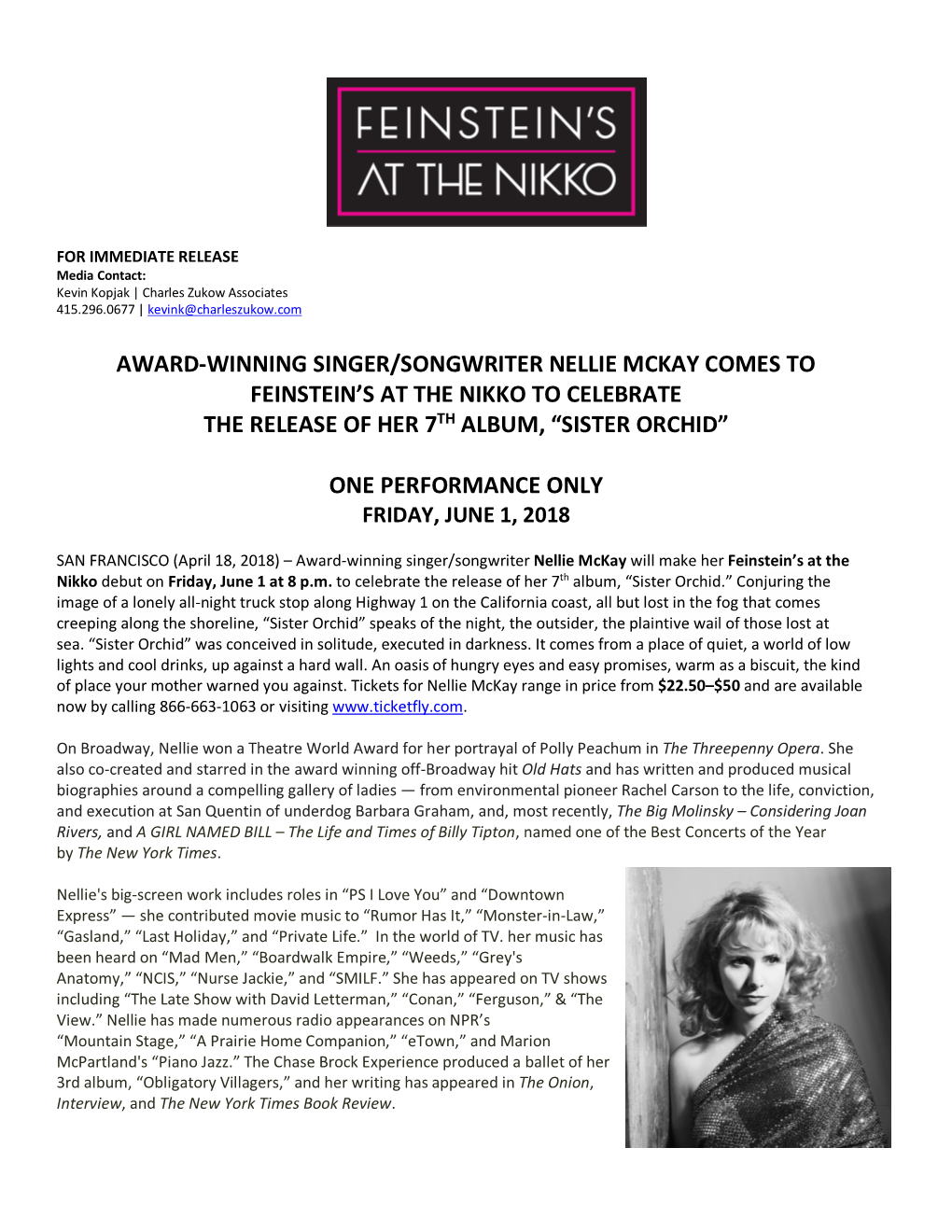 Award-Winning Singer/Songwriter Nellie Mckay Comes to Feinstein’S at the Nikko to Celebrate the Release of Her 7Th Album, “Sister Orchid”