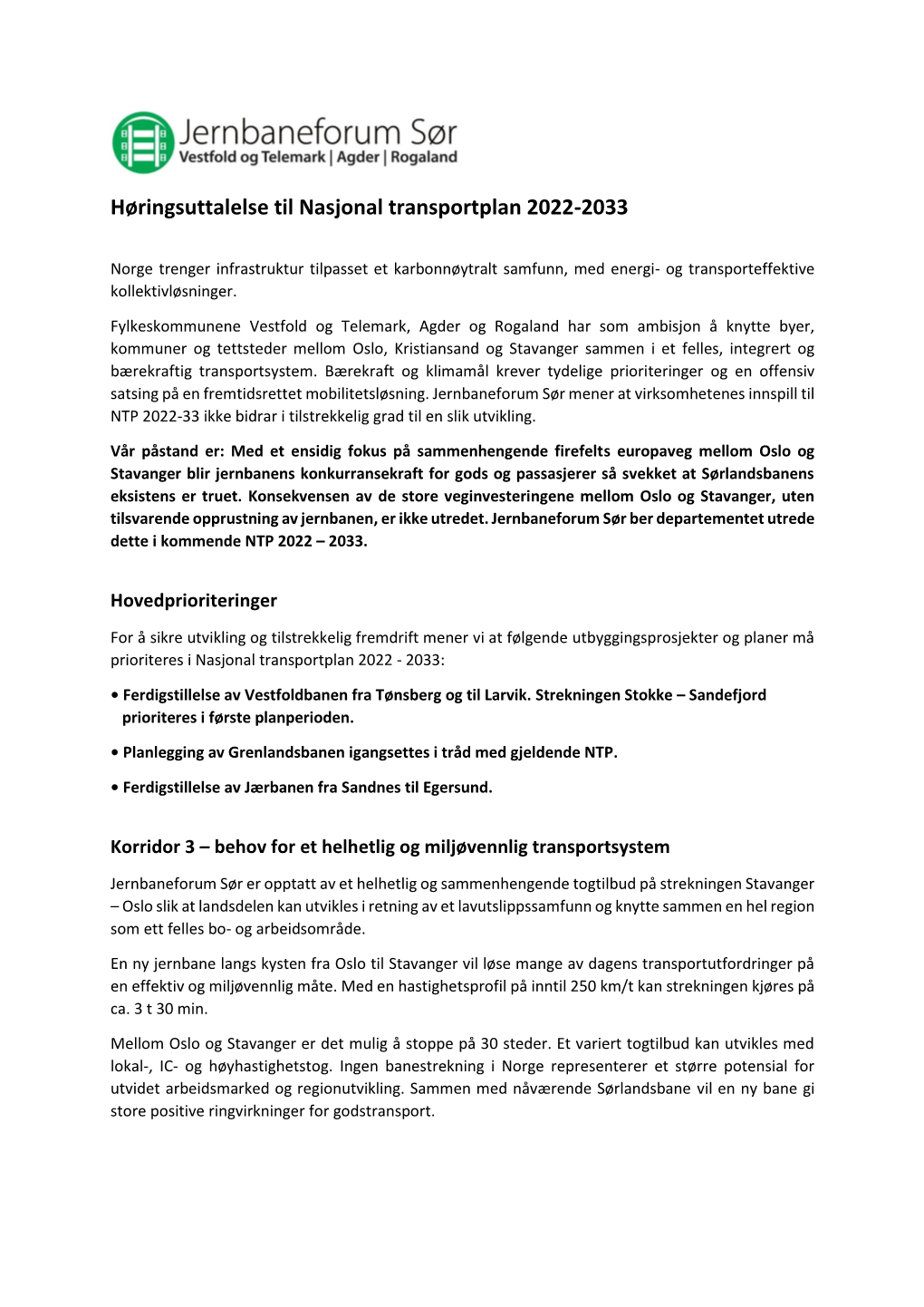 Høringsuttalelse Til Nasjonal Transportplan 2022-2033