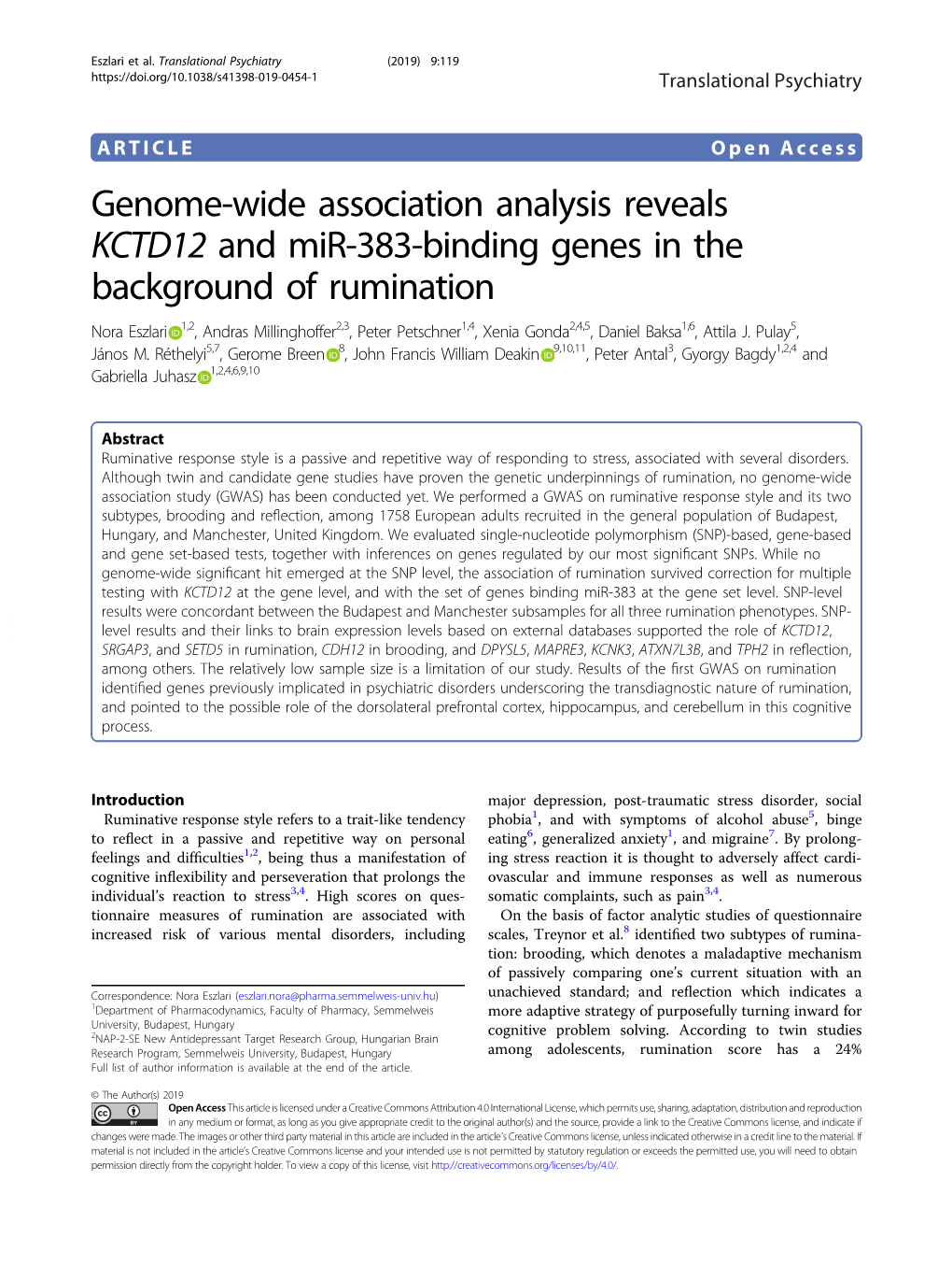 Genome-Wide Association Analysis Reveals KCTD12 and Mir-383