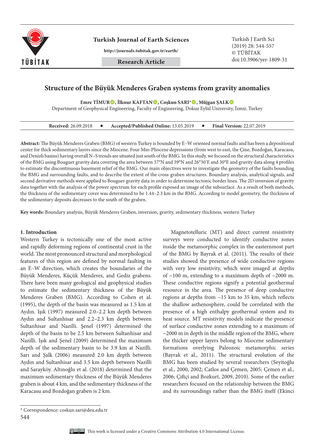 Structure of the Büyük Menderes Graben Systems from Gravity Anomalies