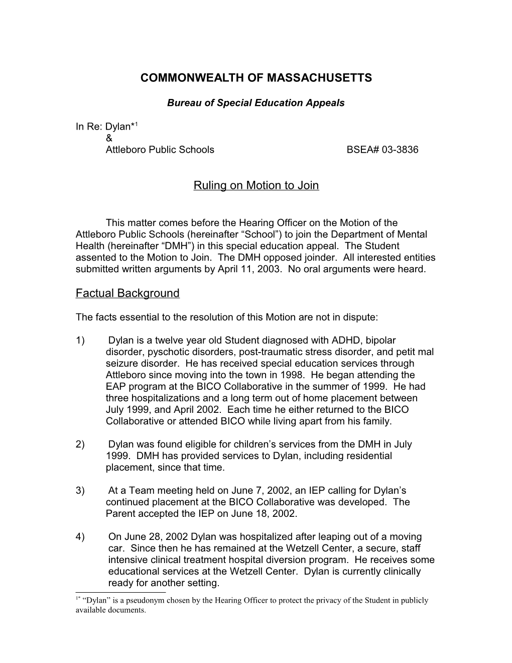 Special Education Appeals BSEA #03-3836