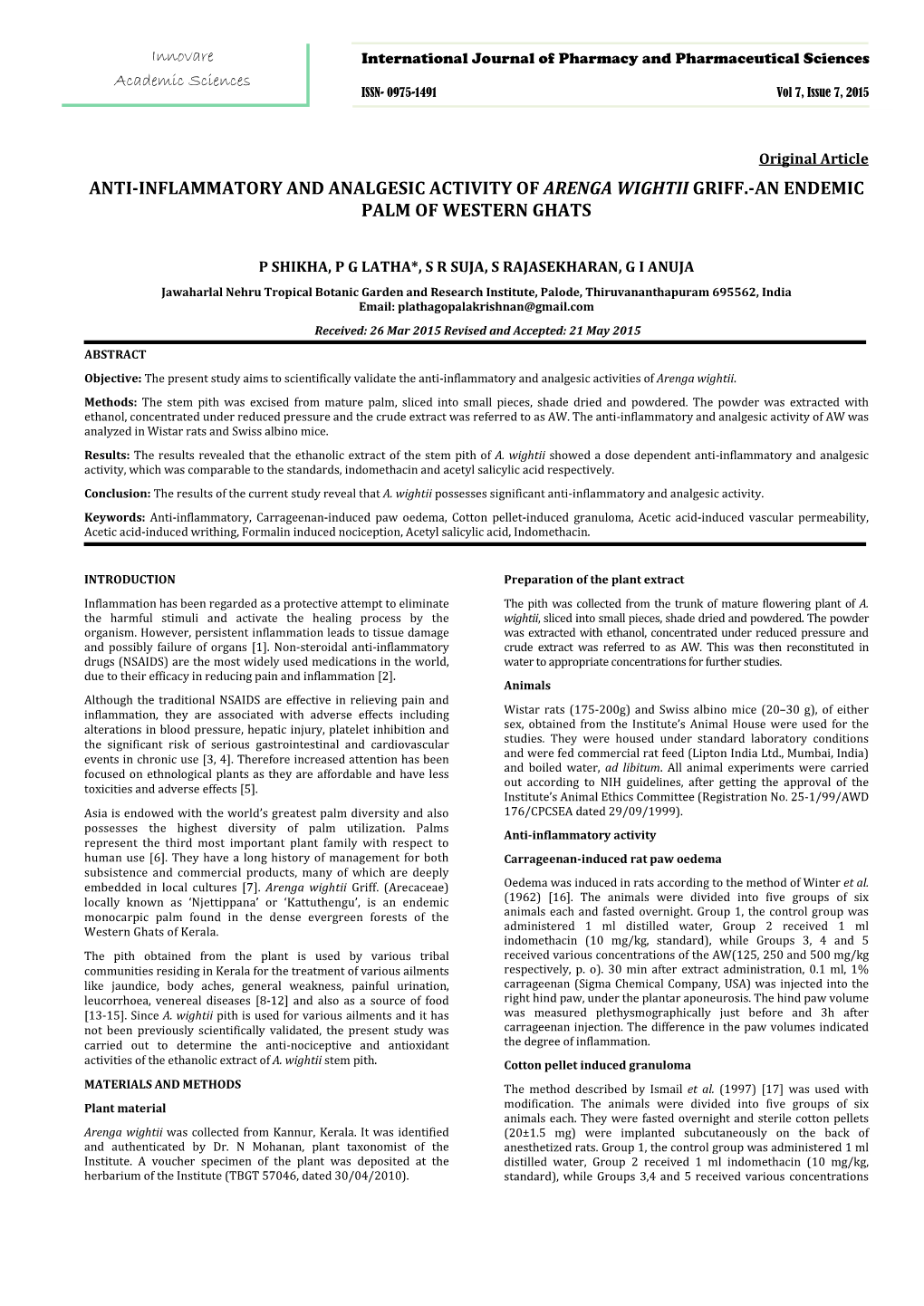 Anti-Inflammatory and Analgesic Activity of Arenga Wightii Griff.-An Endemic Palm of Western Ghats