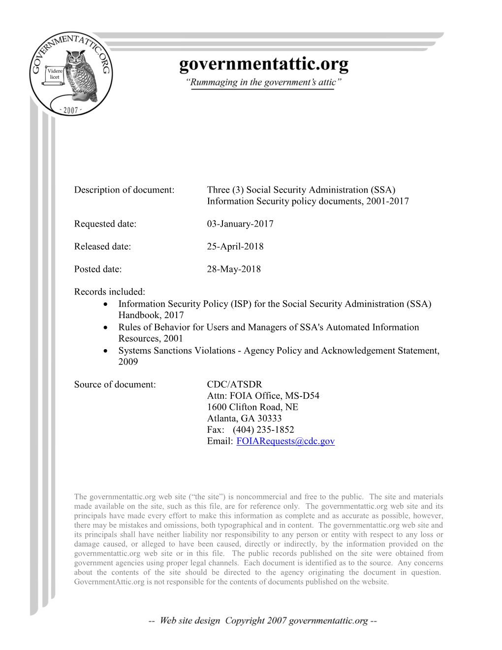 Social Security Administration (SSA) Information Security Policy Documents, 2001-2017