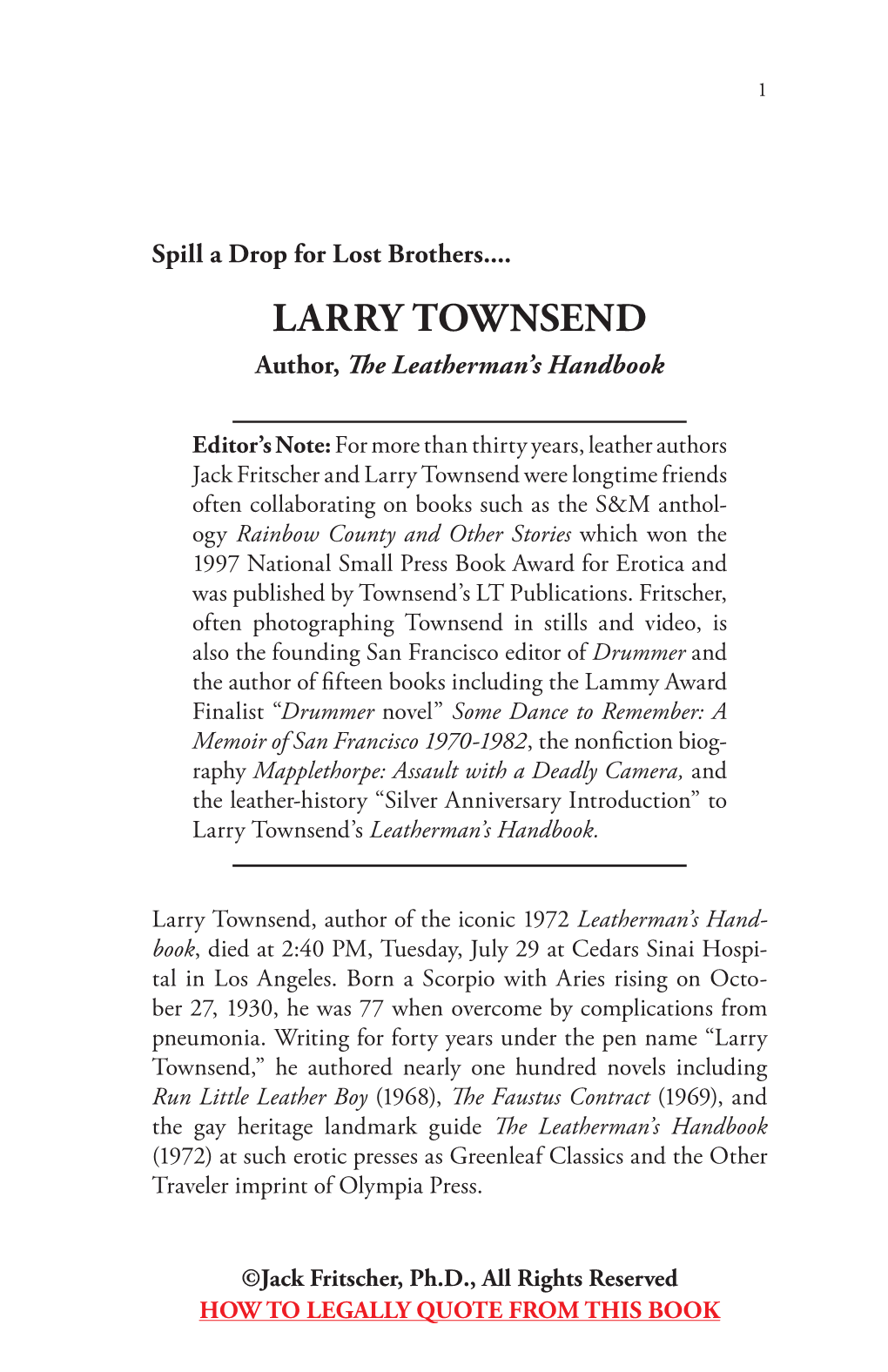 Larry Townsend: Author, the Leatherman's Handbook