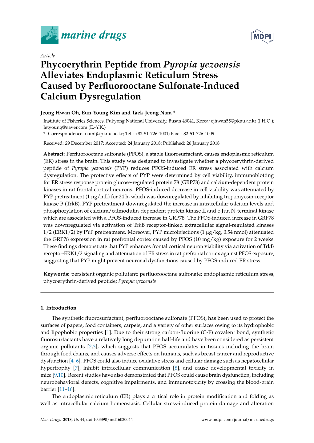 Phycoerythrin Peptide from Pyropia Yezoensis Alleviates Endoplasmic Reticulum Stress Caused by Perﬂuorooctane Sulfonate-Induced Calcium Dysregulation