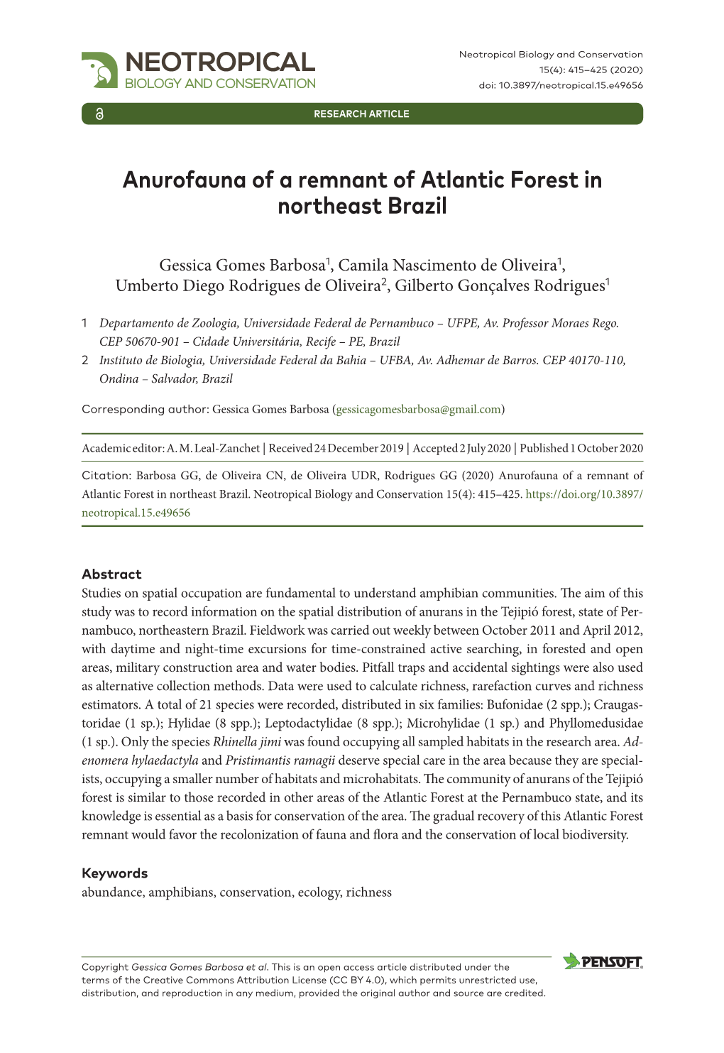 ﻿Anurofauna of a Remnant of Atlantic Forest in Northeast Brazil