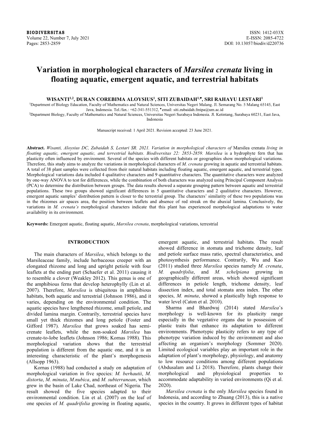 Variation in Morphological Characters of Marsilea Crenata Living in Floating Aquatic, Emergent Aquatic, and Terrestrial Habitats