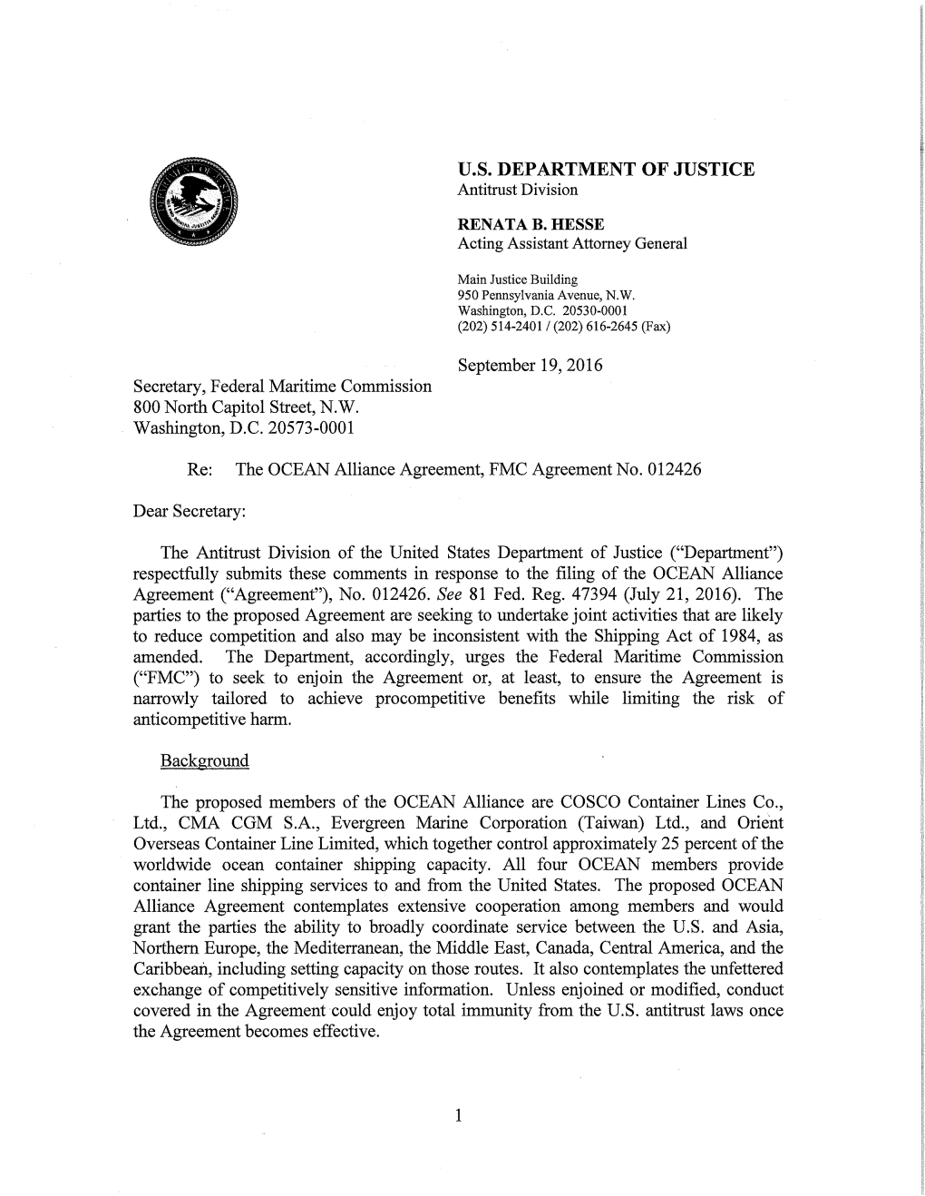 Comments of the U.S. Department of Justice on the OCEAN Alliance