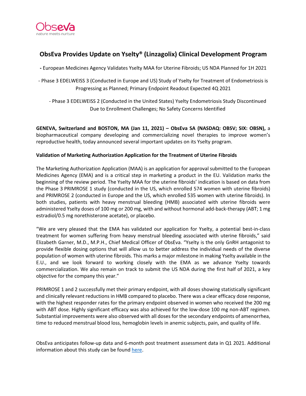 Obseva Provides Update on Yselty® (Linzagolix) Clinical Development Program