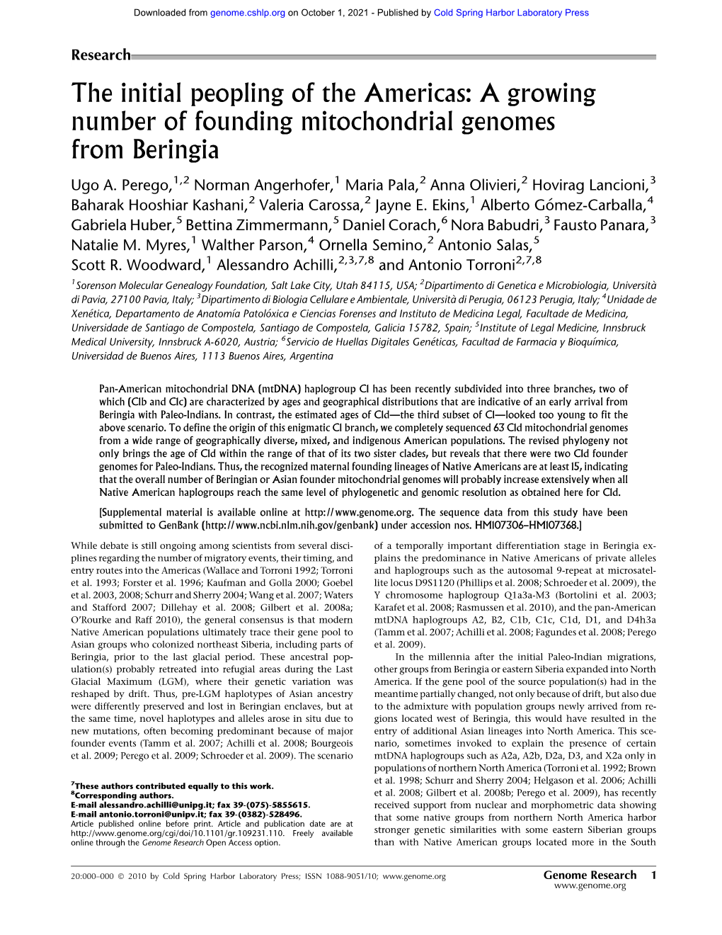 A Growing Number of Founding Mitochondrial Genomes from Beringia