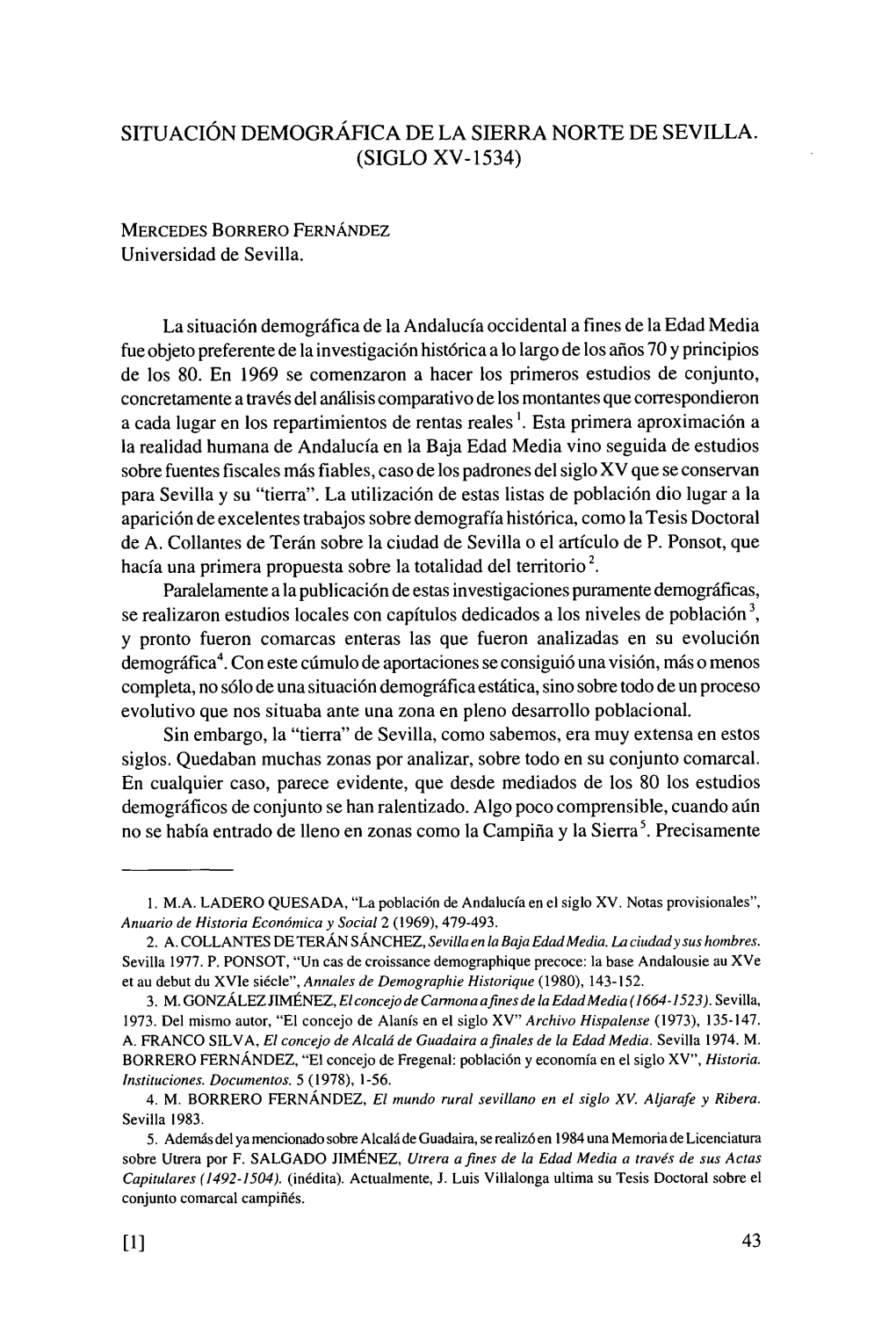 Situación Demográfica De La Sierra Norte De Sevilla. (Siglo Xv-1534)