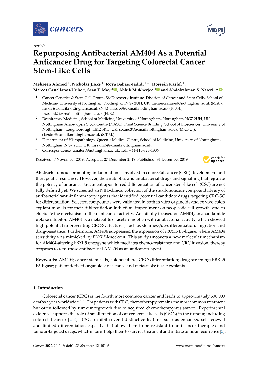 Repurposing Antibacterial AM404 As a Potential Anticancer Drug for Targeting Colorectal Cancer Stem-Like Cells