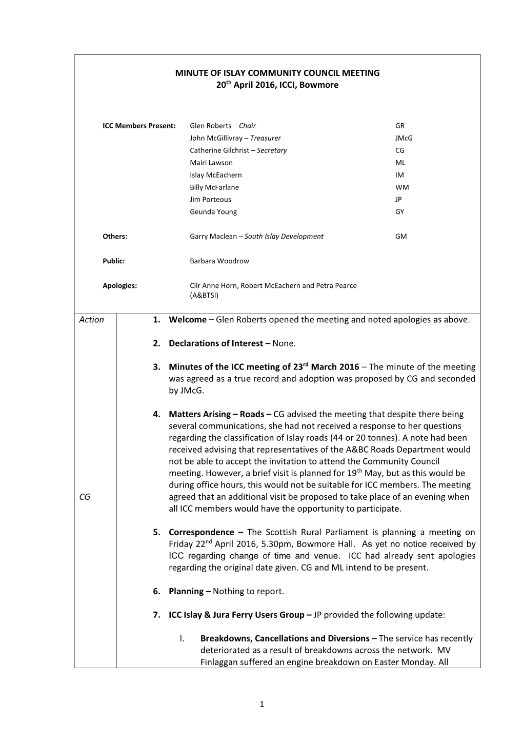 MINUTE of ISLAY COMMUNITY COUNCIL MEETING 20Th April 2016, ICCI, Bowmore