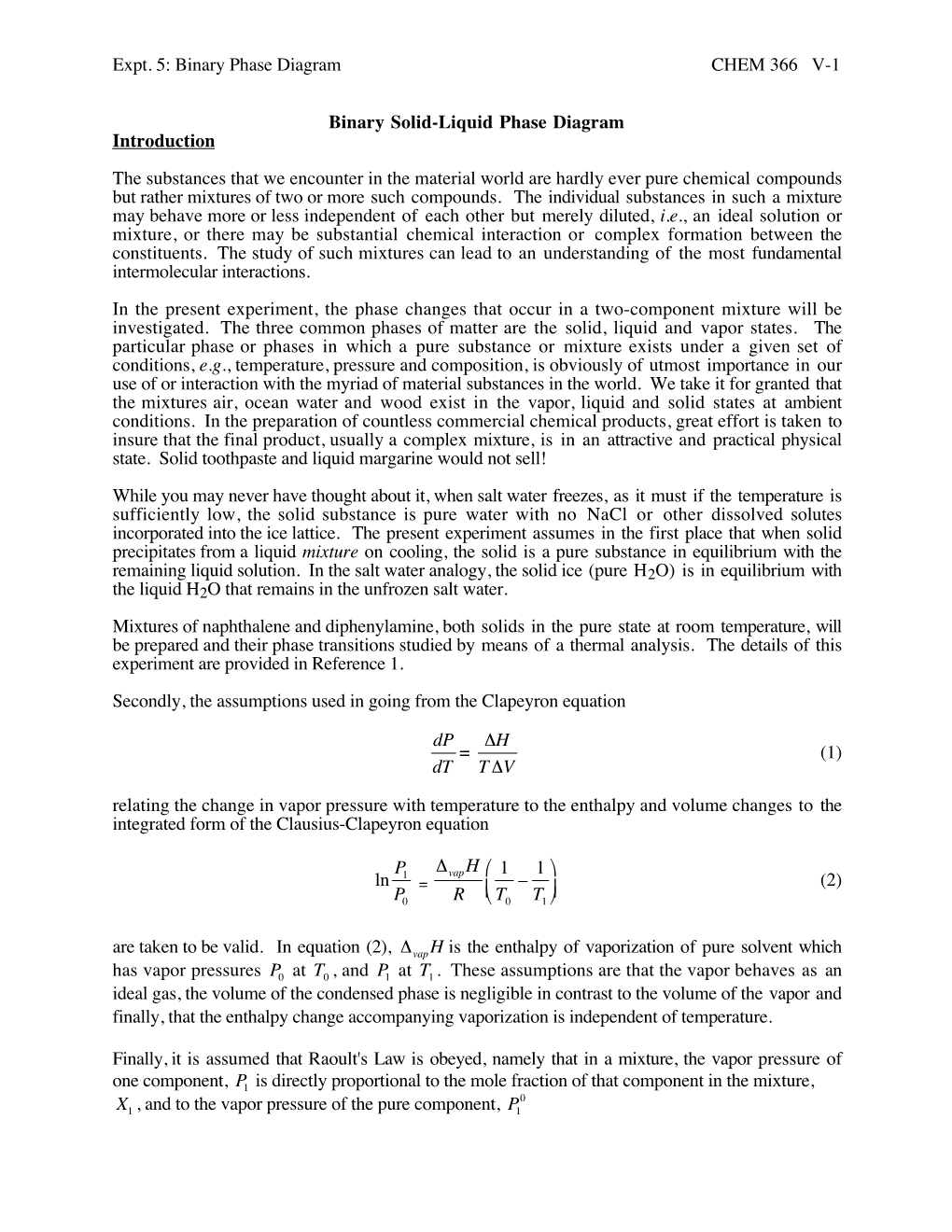 Expt. 5: Binary Phase Diagram CHEM 366 V-1 Binary Solid-Liquid Phase