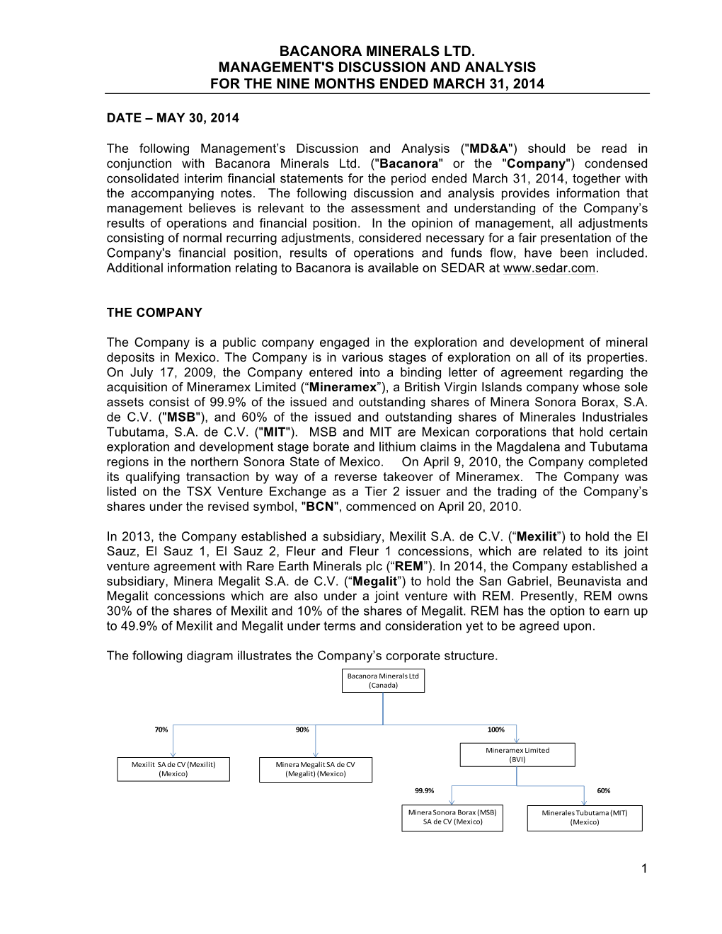 Bacanora Minerals Ltd. Management's Discussion and Analysis for the Nine Months Ended March 31, 2014