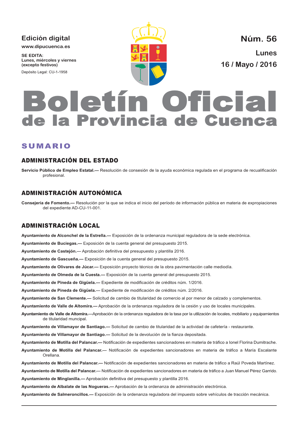 Boletín Oficial De La Provincia De Cuenca Sumario Administración Del Estado