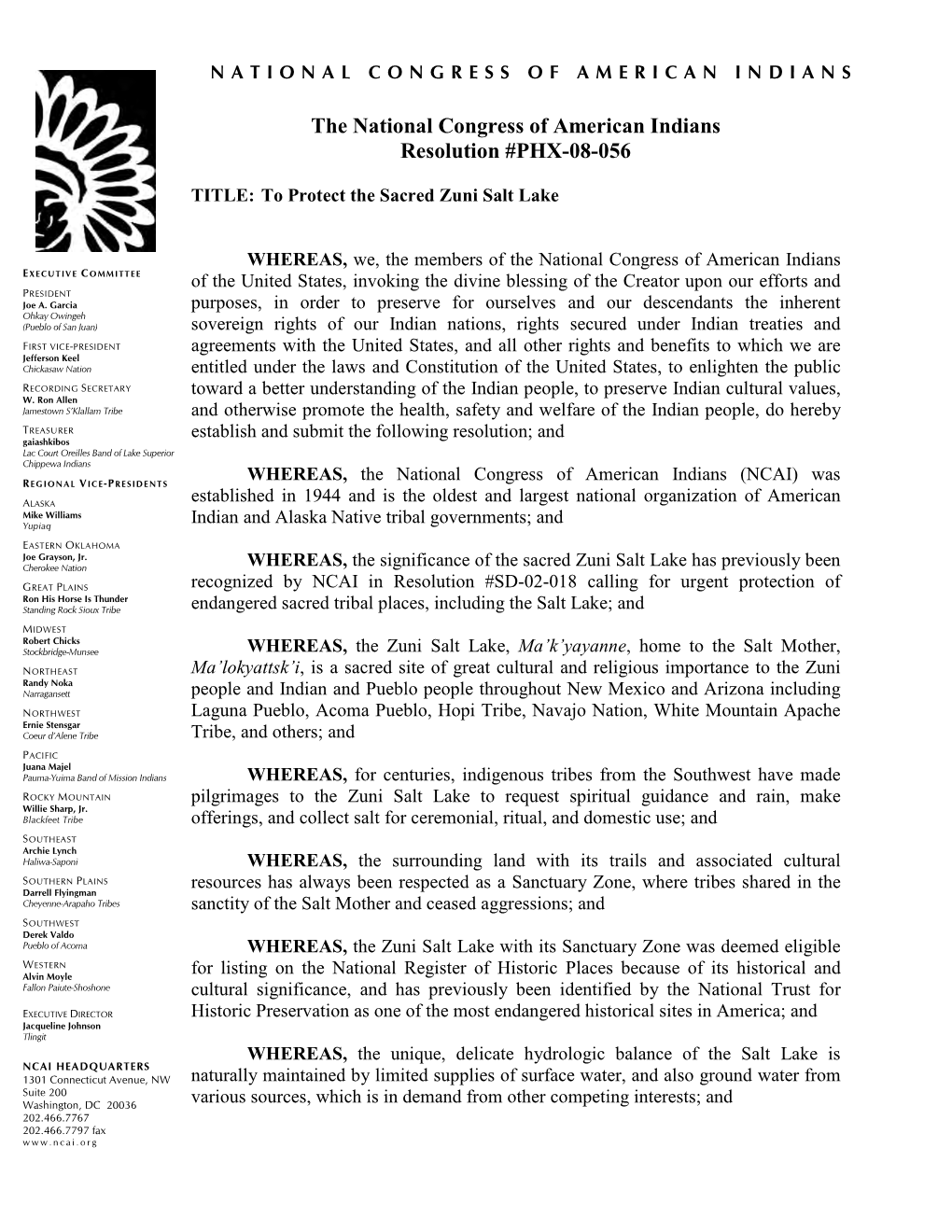 The National Congress of American Indians Resolution #PHX-08-056