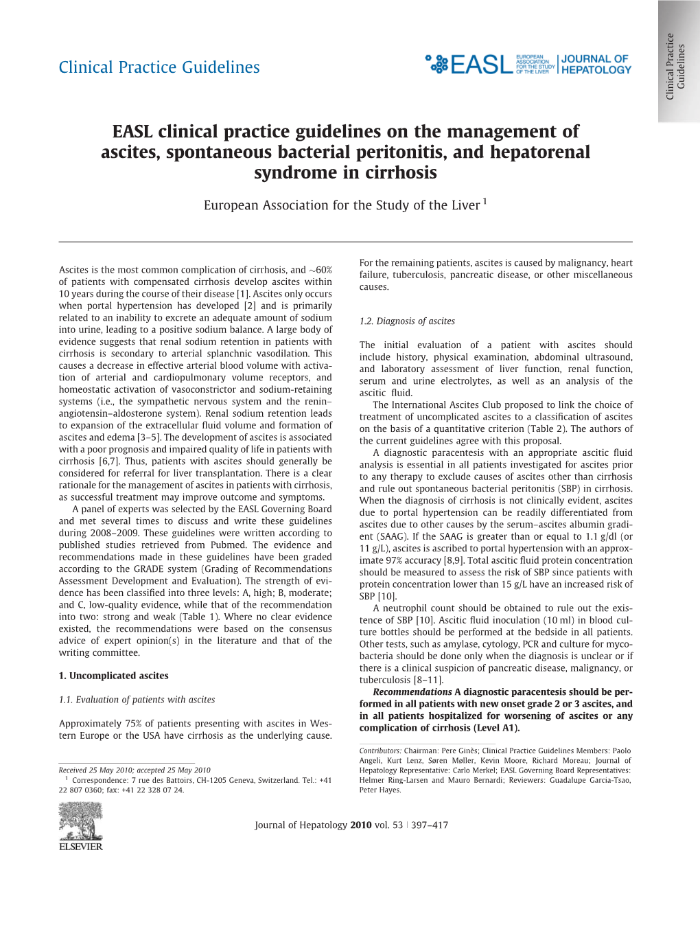 EASL Clinical Practice Guidelines on the Management of Ascites, Spontaneous Bacterial Peritonitis, and Hepatorenal Syndrome in Cirrhosis