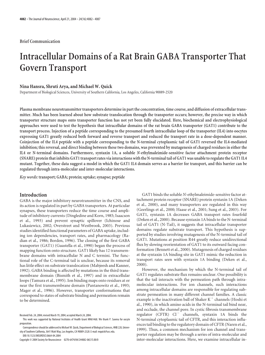 Intracellular Domains of a Rat Brain GABA Transporter That Govern Transport