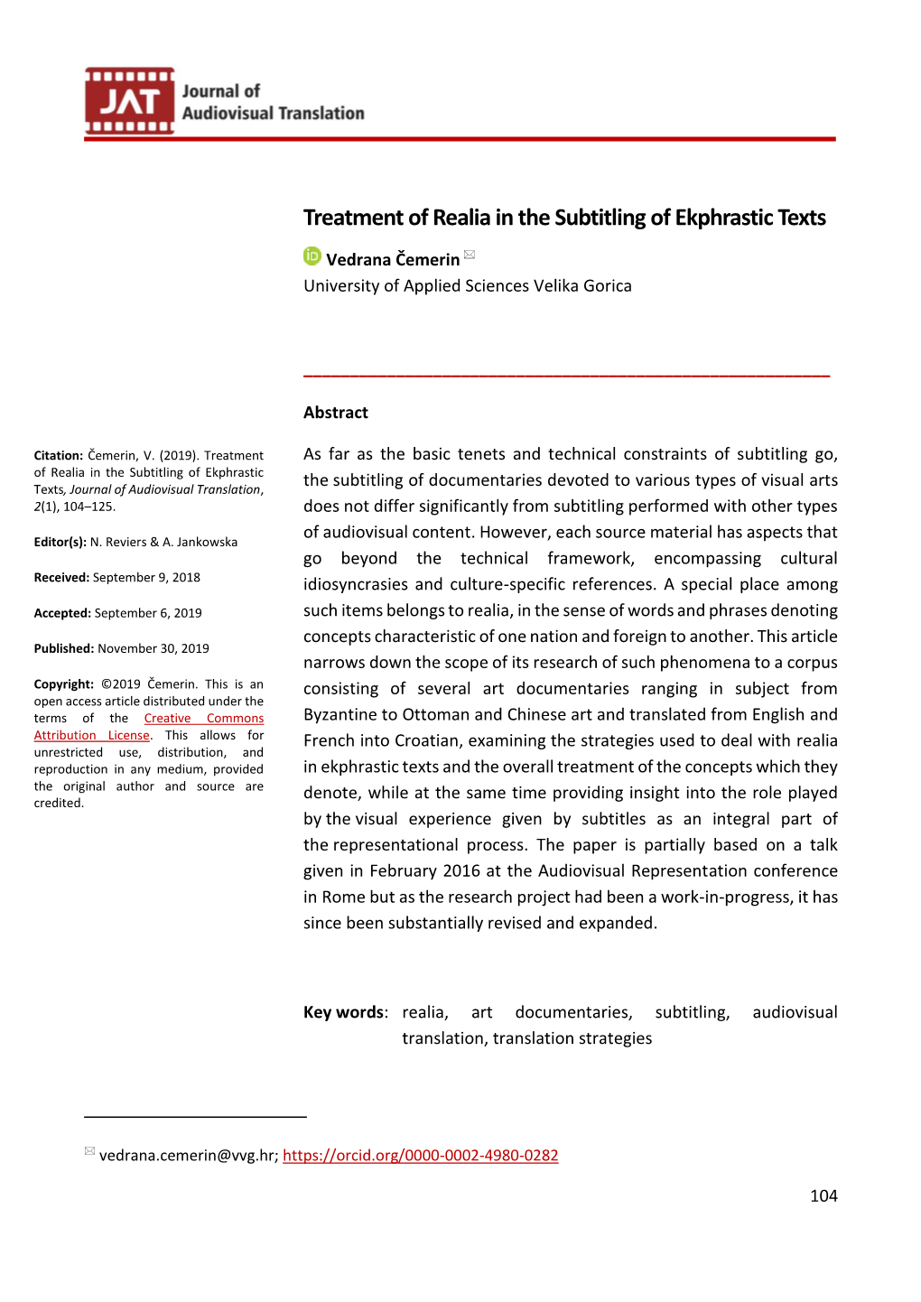 Treatment of Realia in the Subtitling of Ekphrastic Texts