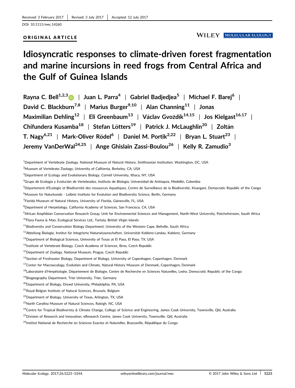 Idiosyncratic Responses to Climate‐Driven Forest Fragmentation and Marine Incursions in Reed Frogs from Central Africa And