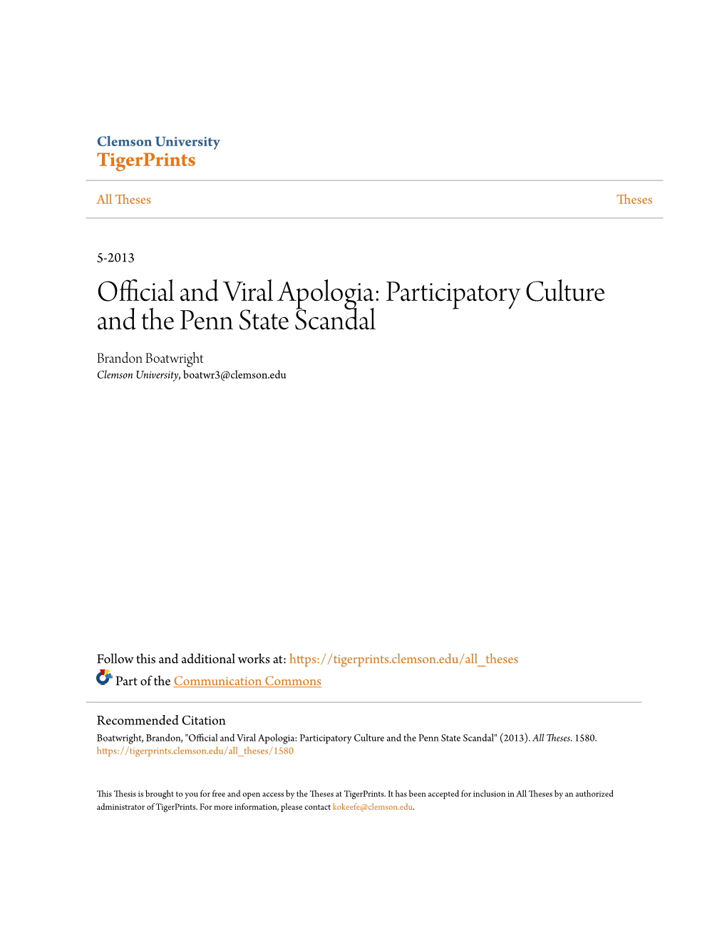 Participatory Culture and the Penn State Scandal Brandon Boatwright Clemson University, Boatwr3@Clemson.Edu