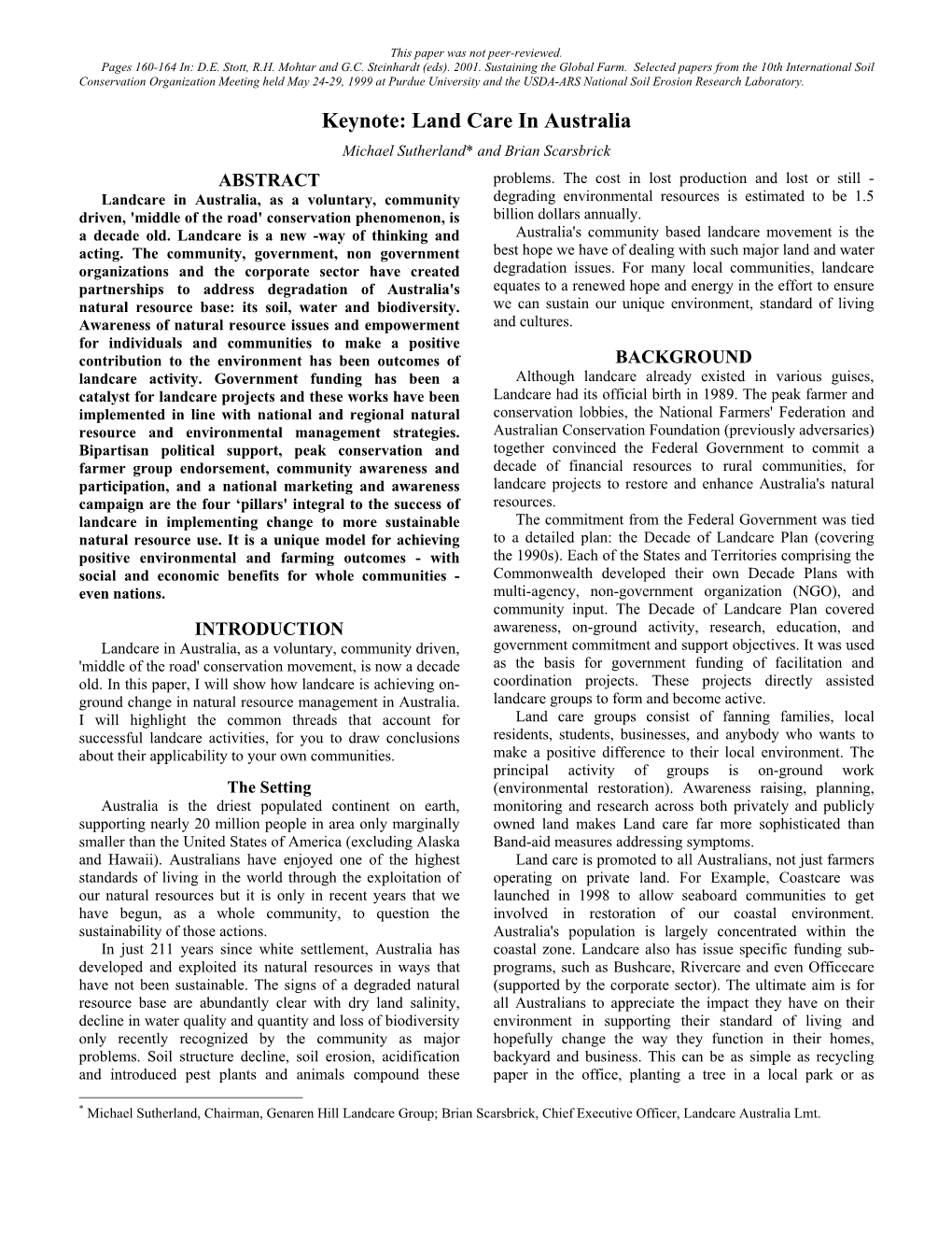 Land Care in Australia Michael Sutherland* and Brian Scarsbrick ABSTRACT Problems