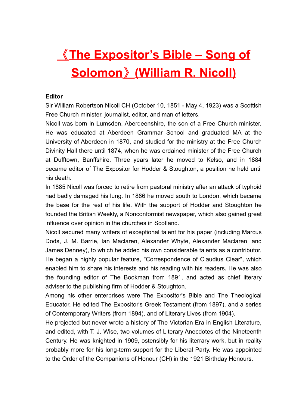 The Expositor S Bible Song of Solomon (William R. Nicoll)