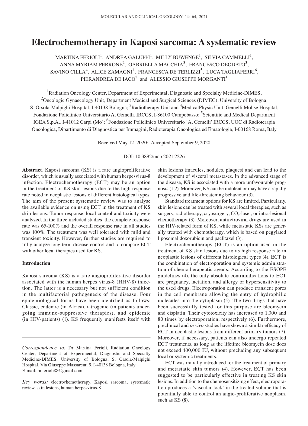 Electrochemotherapy in Kaposi Sarcoma: a Systematic Review