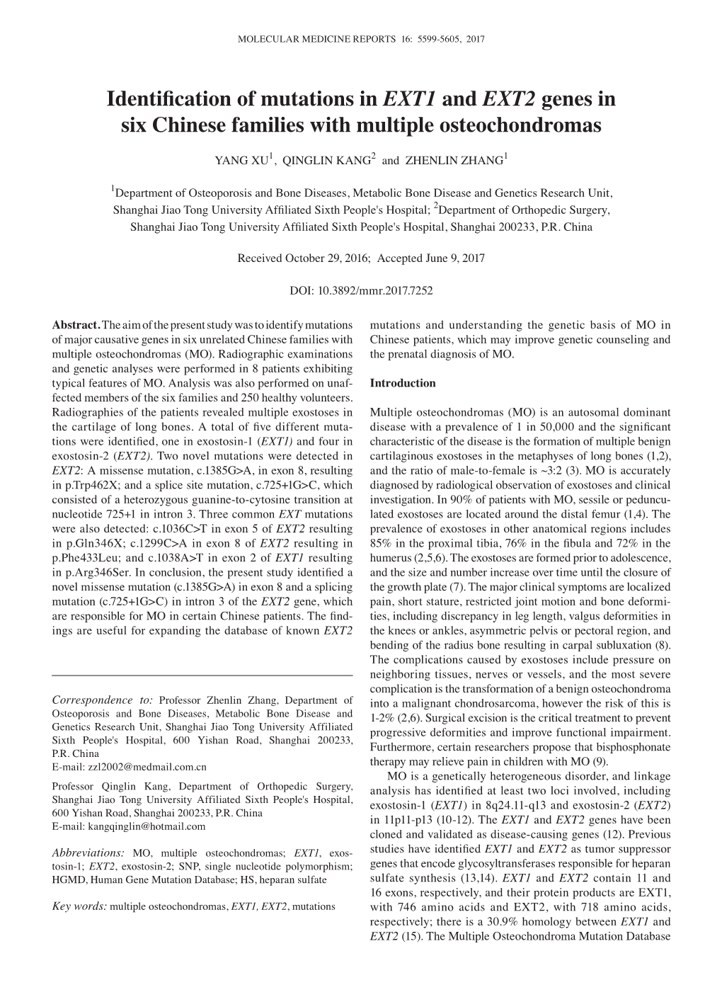 Identification of Mutations in EXT1 and EXT2 Genes in Six Chinese Families with Multiple Osteochondromas