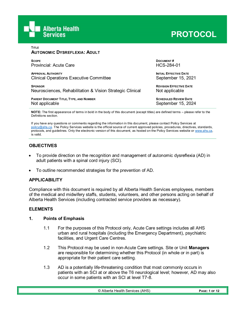 AUTONOMIC DYSREFLEXIA: ADULT Protocol HCS-284-01