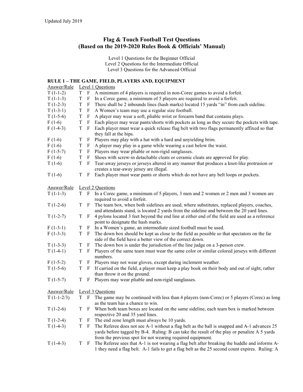 Flag & Touch Football Test Questions