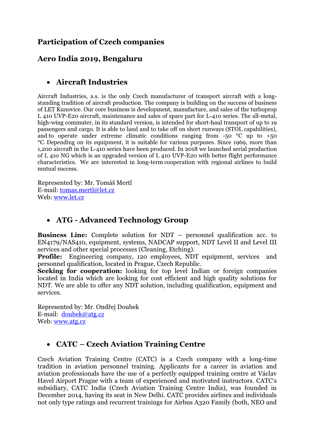 List of Czech Companies at Aero India 2019